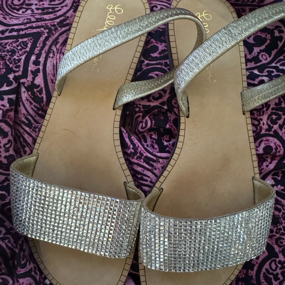 Lilly Pulitzer Amelia Sandal Gold Rhinestones metallic Leather upper flat size 8